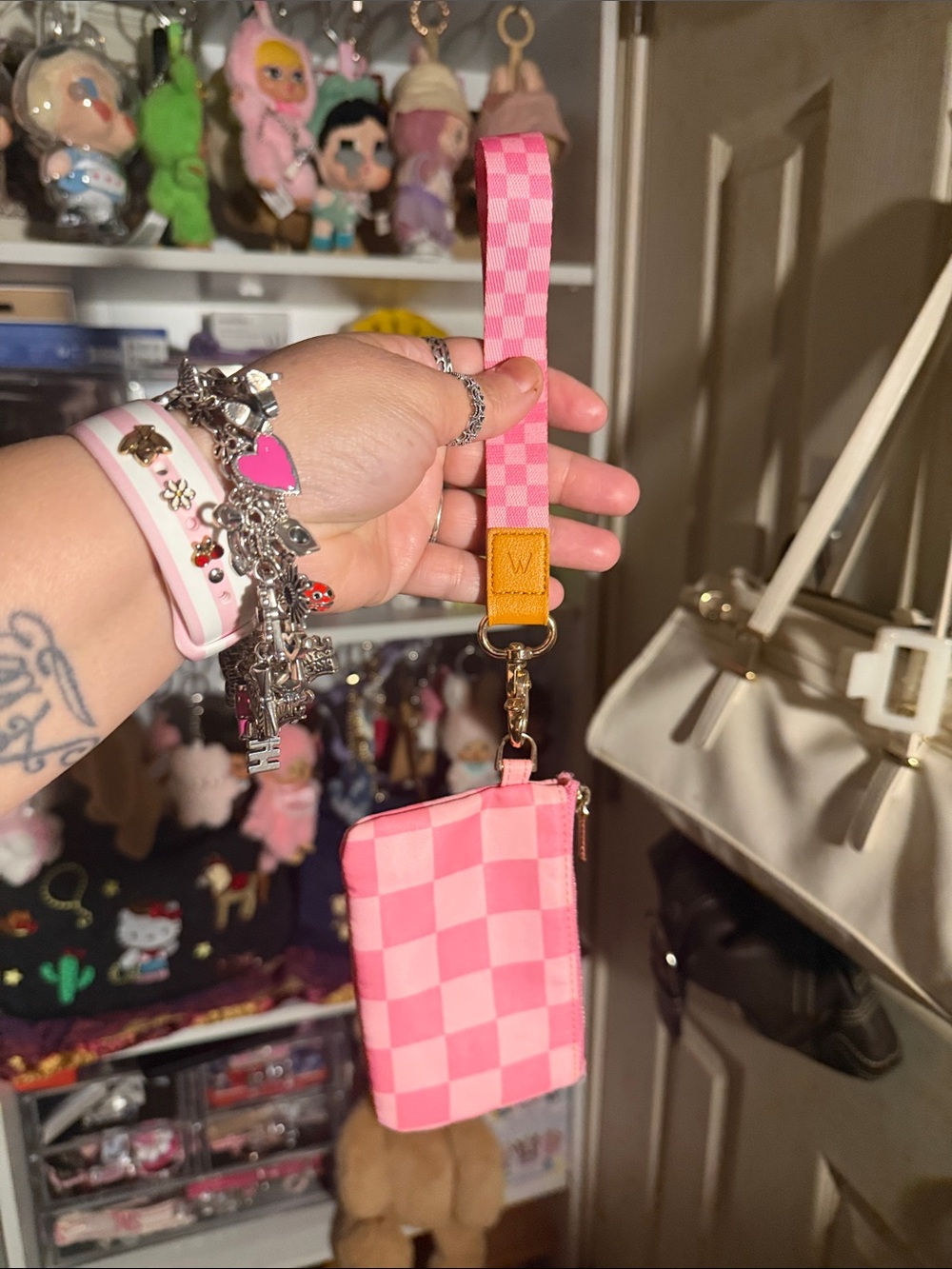 Pink Checker Wristlet Card Pouch with Detachable Strap